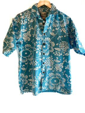 Kahala Aqua Blue Hawaiian Style Button Down Short Sleeved Cotton Camp Shirt (L)